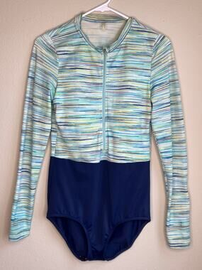 Lands End Tugless Long Sleeve One Piece Swimsuit Zip Rash Guard Size 8 Flawed
